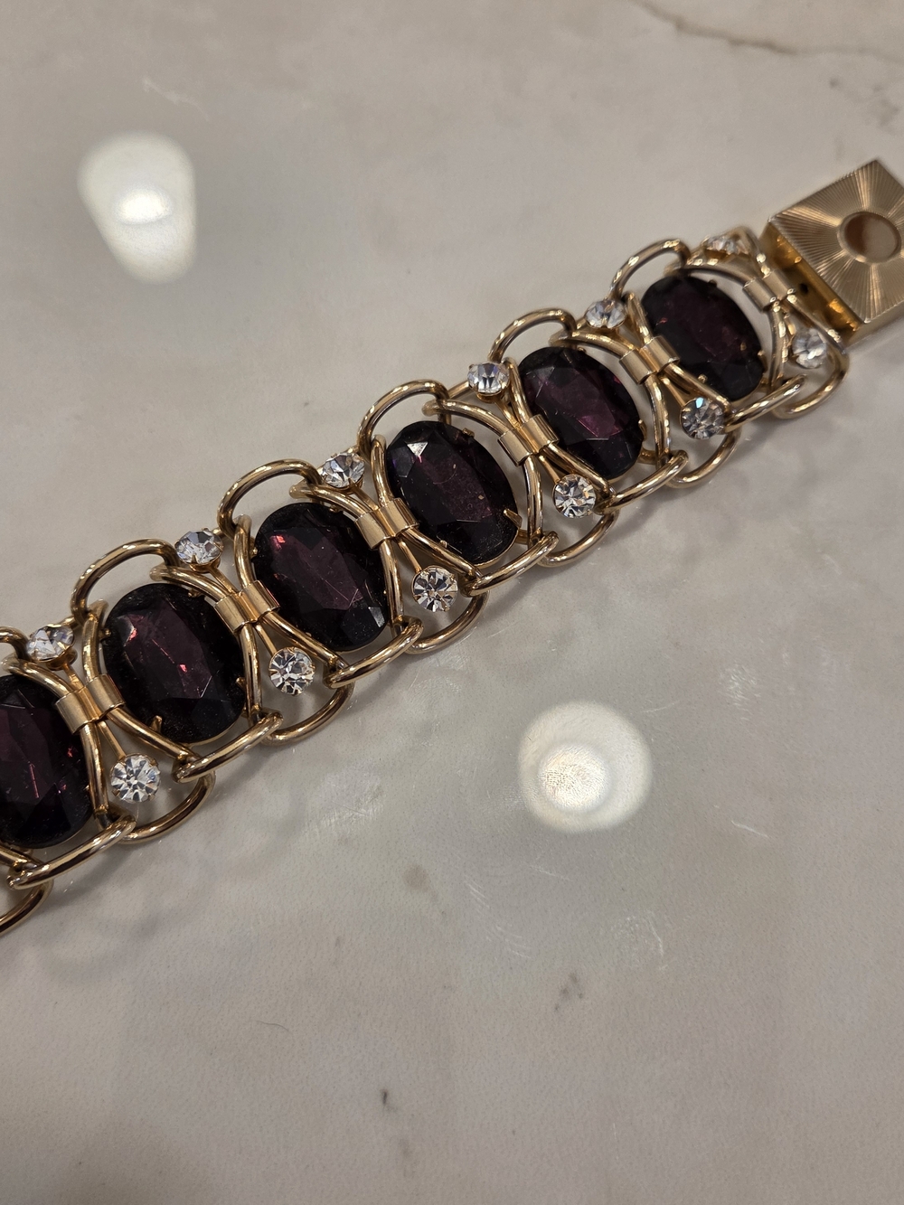 Gold Bracelet with Deep Purple Gemstones and Clear Accents - Picture 4 of 7